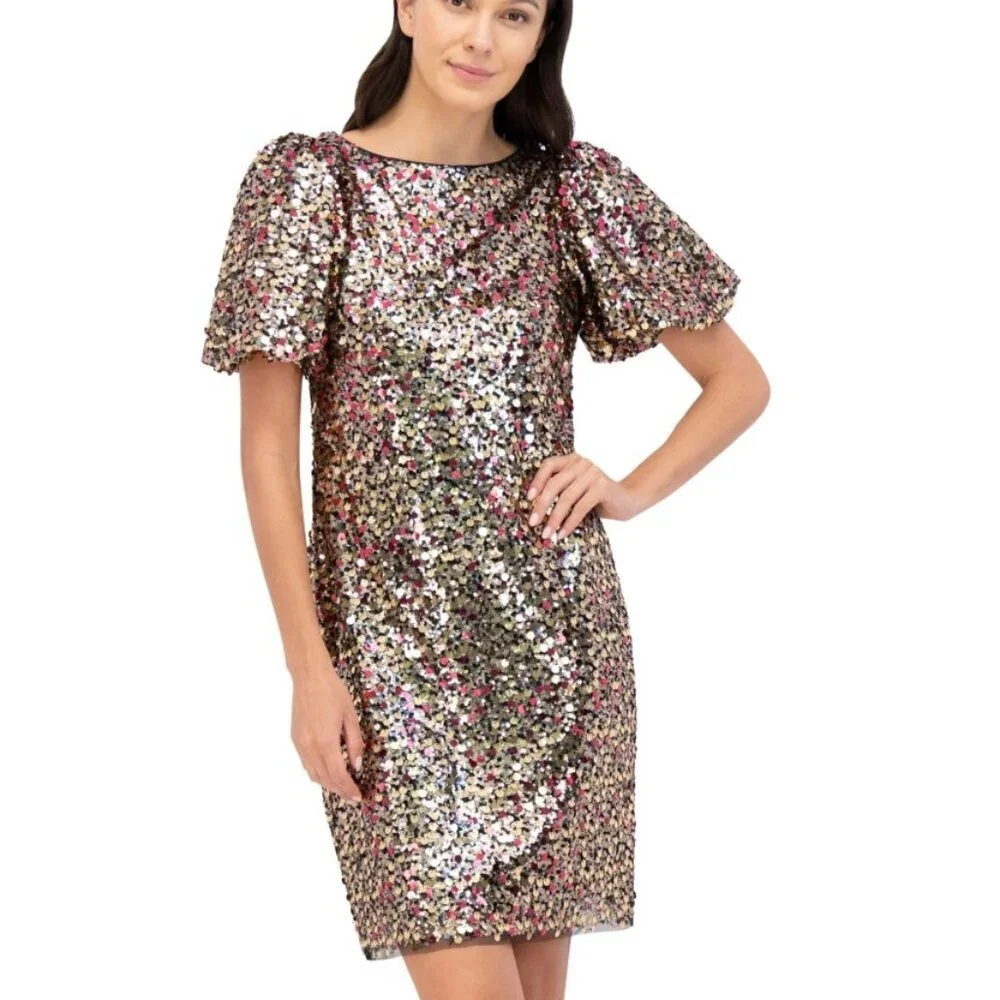 Eliza J Gold Multi Sequin Puff Sleeve Shift Dress NWT Size 6 Cocktail Party - Picture 6 of 9
